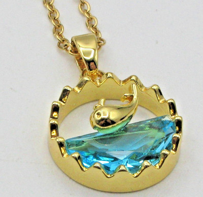 Gold Dolphin Pendant Necklace with Blue Inlay, Stainless Steel Cable Chain