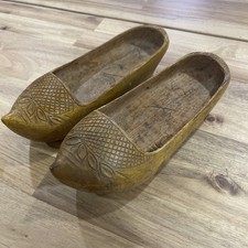 Vintage Wooden Clogs Carved Decorative Shoes Folk Art Pair