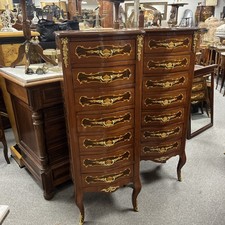 Pair French Louis XVI Kingwood Style Walnut & Mahogany Chest of Drawers Tall Boy