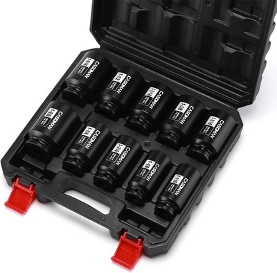 10PCS 1/2'' Drive Deep Spindle Axle Nut Impact Socket Set,6-Point,Large,SAE CR-MO