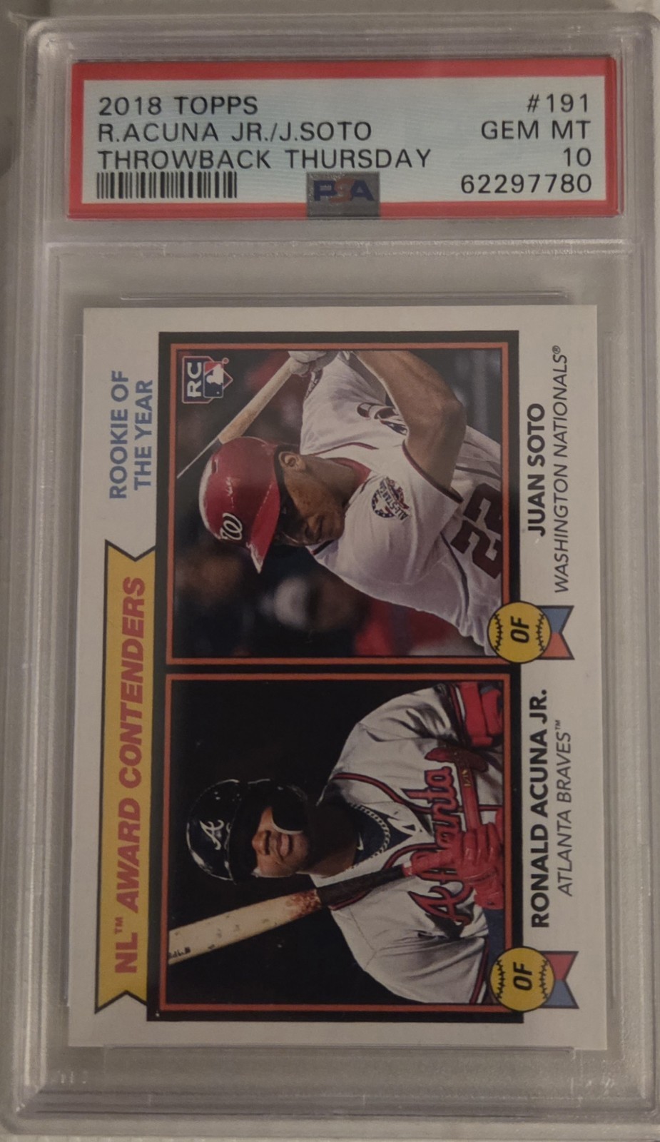 2018 TOPPS THROWBACK THURSDAY #191 JUAN SOTO/RONALD ACUNA JR. PSA 10 view 1