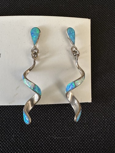 Vintage Spiral Fire Blue Opal Sterling Silver Earrings Signed Andrew Dewa