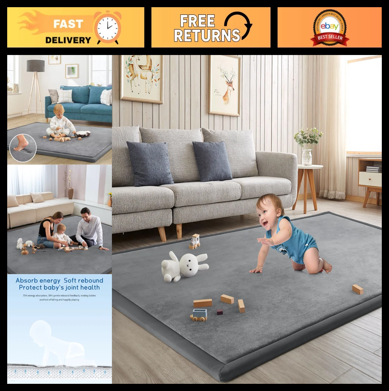 Soft Foam Baby Play Mat 50"x50" Thick Crawling Rug for Infants & Toddlers - Grey