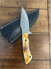8" CUSTOM HANDMADE RAIN DROP DAMASCUS BURNT BONE HANDLE KNIFE LEATHER SHEATH 58