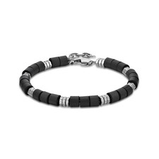 Black Ion Plated Stainless Steel and Wood Adjustable Bracelet - 8.5 Inch