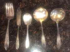 National Silver Co. "Rose & Leaf" silverplate ladles, butter knife, serving fork