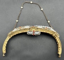 Antique Brass Beaded Enamel Purse Frame Edwardian Flip Lock Closure Hearts