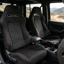 Universal 2x Reclinable Racing Seats Dual Slider Black Suede Red Suture Seat