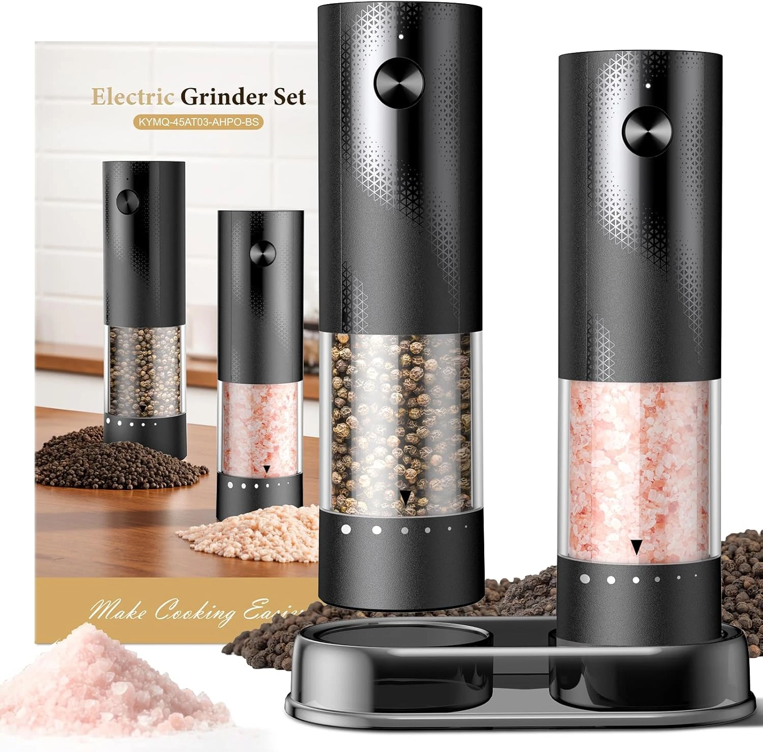 Electric Salt Pepper Grinder Set Rechargeable Automatic Mill 2 Pack Black