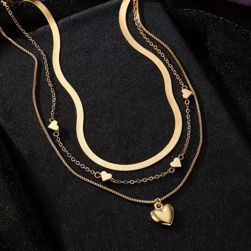 Gold Layered Heart Necklace Set Women 3 Layer Choker Chain Pendant Jewelry Gift