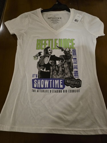 NWT Beetlejuice Ghost With The Most Showtime V-Neck T-Shirt Women's LARGE White