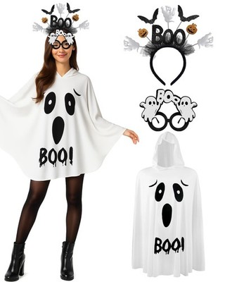 Asikkon 3Pcs Ghost Costume Women, Halloween Poncho Set Medium, White 