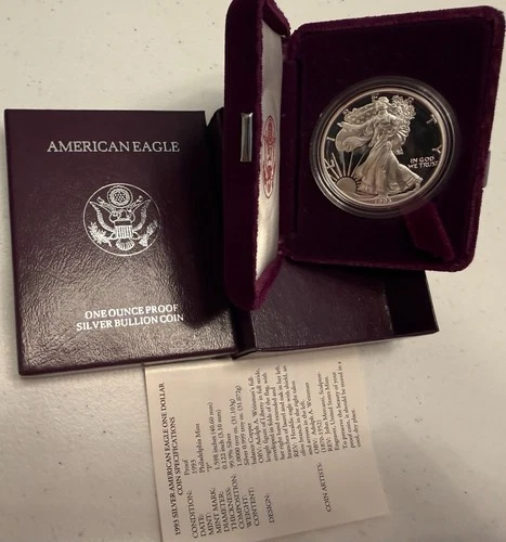 1993-P brilliant gem PROOF American SILVER EAGLE with case, box & COA. Pf ASE