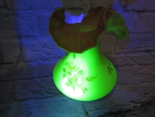 fenton Hand Painted Uranium Satin Glass Art Vase Pink Ruffled Floral Glows UV