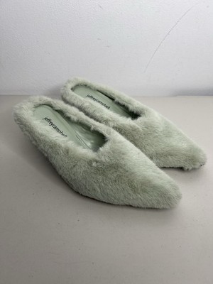 NWOB Jeffrey Campbell Faux Fur Slip On Mules Green Mint Women’s Size 
