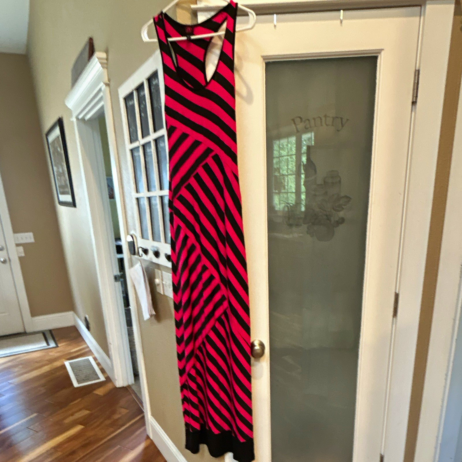 Bebe Women’s S Pink/Black Striped Maxi Dress V-Neck Sleeveless Long