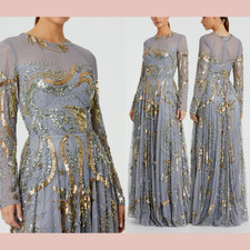 NWT Mac Duggal [ 16 ] 5217 Long Sleeve Embellished Illusion Gown Platinum #S930