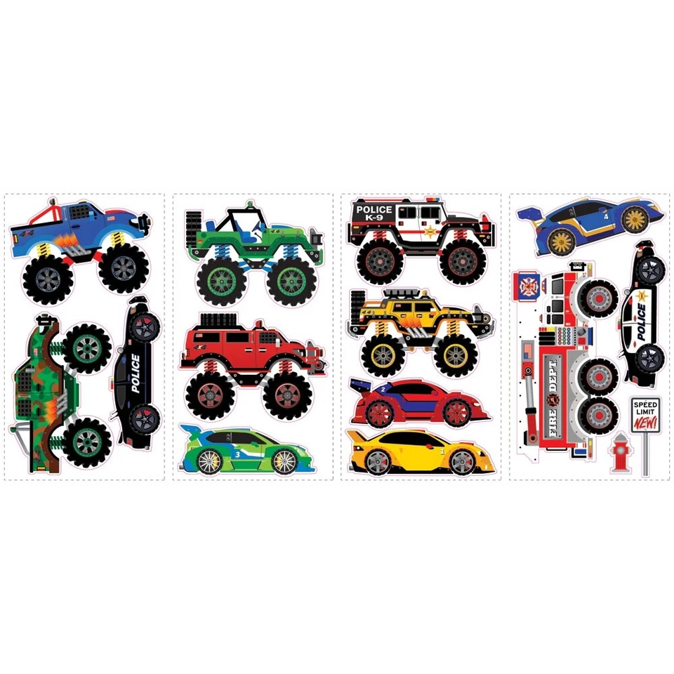 Pegatinas de pared MONSTER TRUCKS 15 calcomanías coche policía bomberos decoración transporte Foto 2 de 2