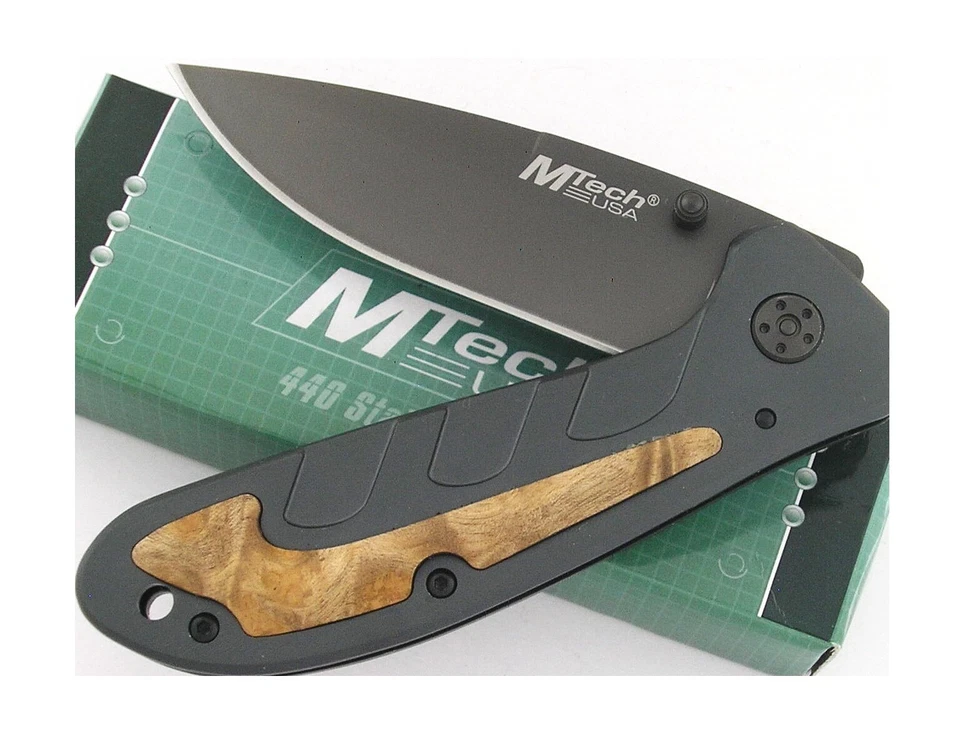 Faca MTech OLD VERSION cinza titânio BurlWood Inlay Linerlock 7.8/4.5/3.3 MT437 - Imagem 2 de 3