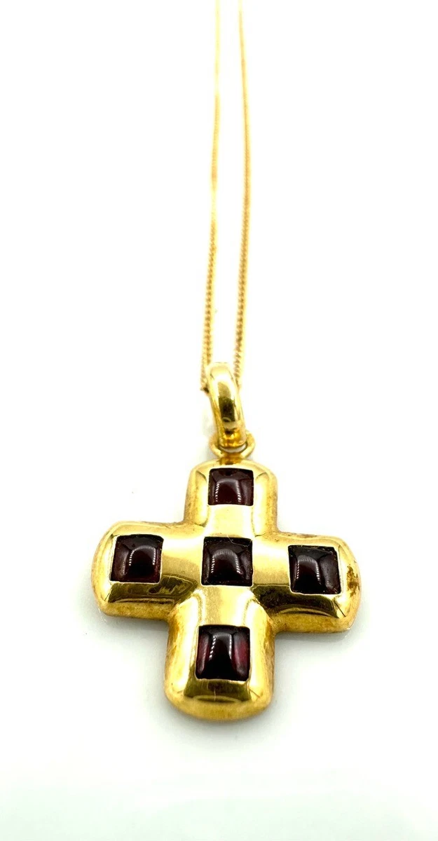 Collier Ancien Croix En Argent Massif Sertie De Grenats - Pendentif Avec Chaîne