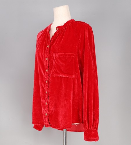 PILCRO ANTHROPOLOGIE $130 Puff-Sleeved Velvet Button Down Top Red Size M - Picture 4 of 7