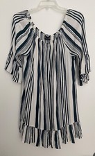 Navy Blue & White Stripe Boho Tunic/Dress Bell Sleeves 100% Rayon sz XL