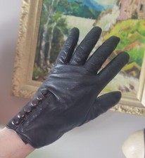 Vintage Soft Black Leather Button Side Gloves Victorian S M Cashmere Lined