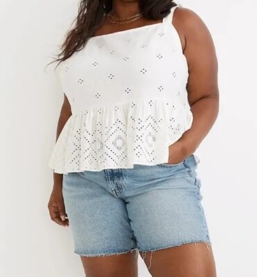 Madewell Plus Rosalie Tie-Strap Tank Top Geo Eyelet in Lighthouse Sz 1X NWT