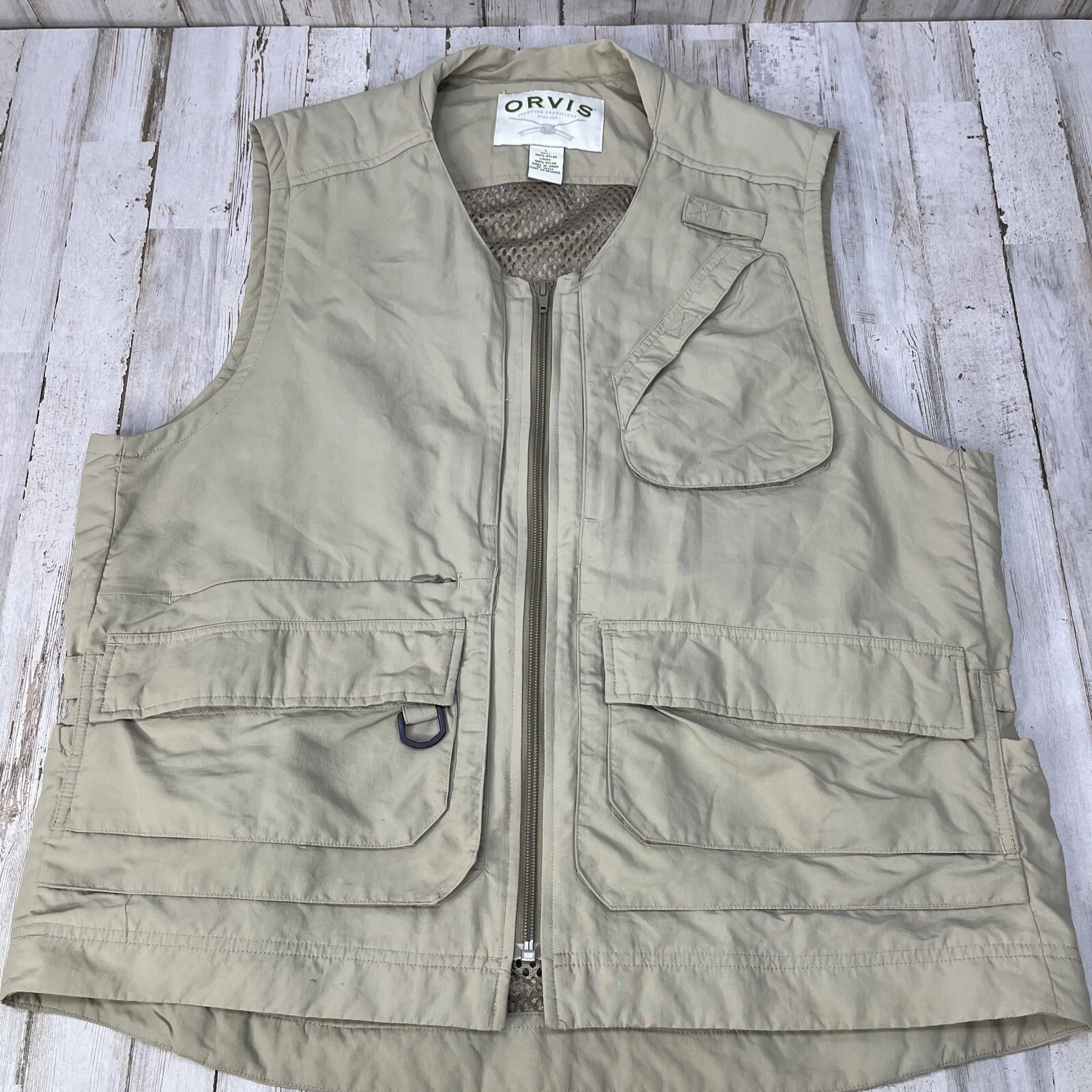 Vintage Orvis Hunting Fishing Vest Mens Sz L Vented Full Zip Khaki Many Pockets