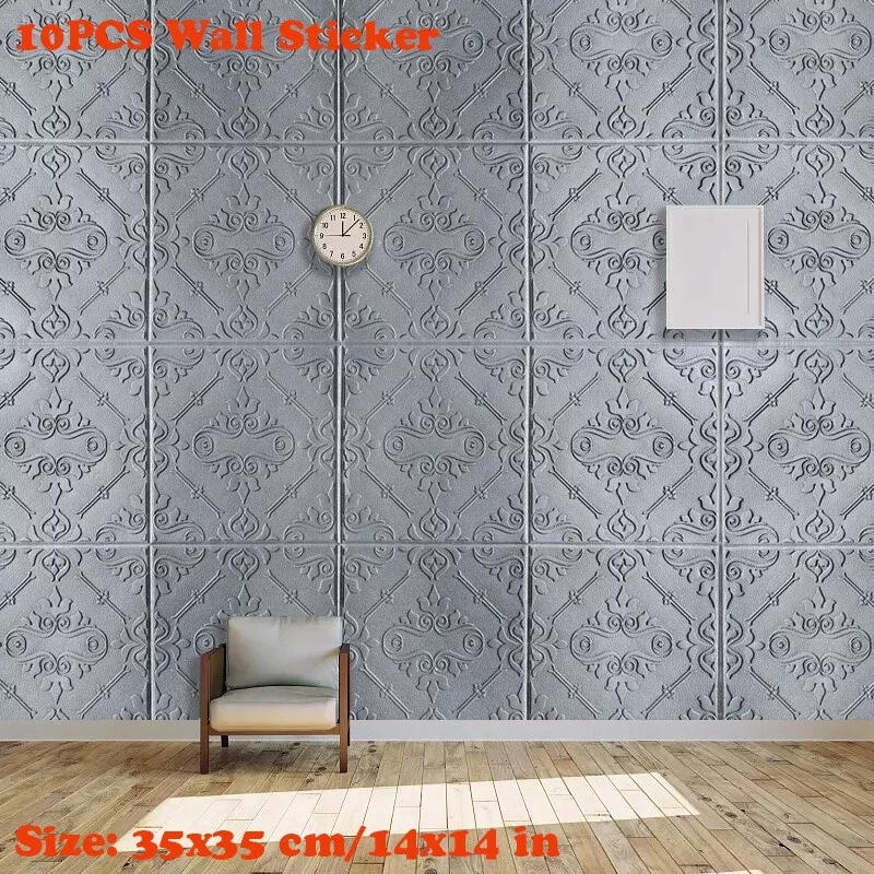 10PCS 3D Embossed Foam Wall Sticker Panels Self adhesive Wallpaper Ceiling Decal