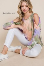 New PLUS SIZE Womens PURPLE OLIVE TIE DYE COLD SHOULDER SHIRT TOP 1X 2X 3X USA