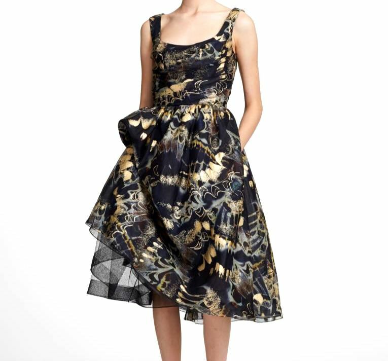 black dress with gold foil print Gold Foil Paisley Mini Dress