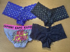 4x New Ladies Knickers, Blue Black Grey, Hearts, KaPow Comics Font, Size 12-14