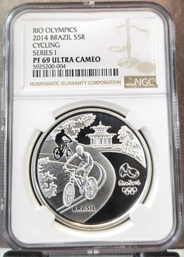 2014 BRAZIL SILVER 5 REAIS CYCLING & DOLPHINS NGC PF 69 ULTRA CAMEO SCARCE COIN