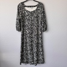 J. Jill Floral Print Midi Dress Button Front Cottagecore Casual Black Large