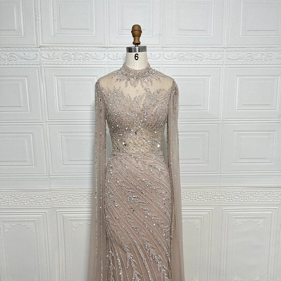 Beaded Mermaid Evening Dress Luxury Turtle Neck Cape Sleeve Wedding Small  Tail | eBay