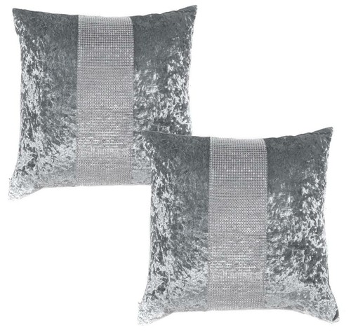 Diamante & Crushed Velvet Bed Runner & Cushion Cover Sparkle Sets Silver / Grey - Picture 2 of 7