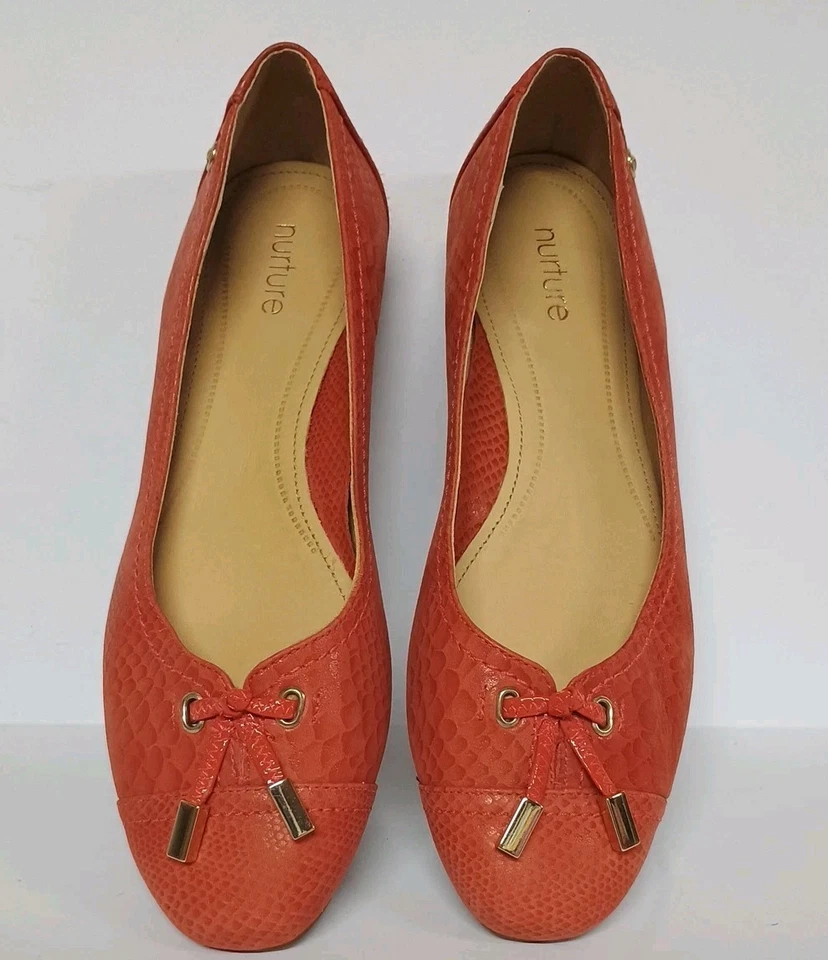 NURTURE Mayler TALLA 7,5 M CUERO Planos Rosa Coral Estampado Serpiente y Dorado EXCELENTE Foto 2 de 4