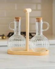 Vinegar and Oil Bottle Set with Wooden Stands, 2 x 300 ml Drip-Proof Oil Dispens