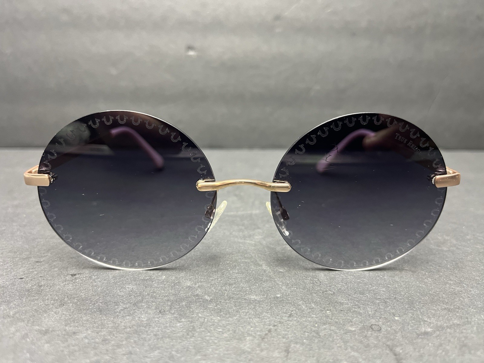 True Religion Round Rimless Retro Sunglasses Pink Gold MSRP $120 thumbnail 2