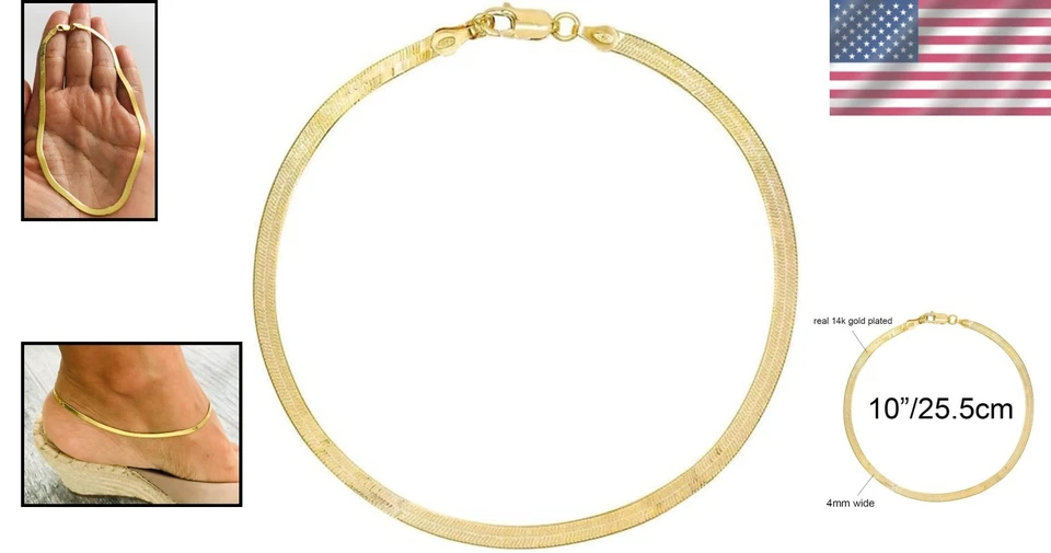 Tornozeleiras femininas de ouro 14K com corrente de espinha de peixe no tornozelo, 10" - Imagem 2 de 4