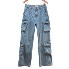 House of CB Ria Cargo Jeans Womens Small Blue Denim Wide Leg High Rise Utility