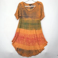 Greater Good Tunic Top Women L (OS) Orange Boho Embroidered Beaded Hanky Hem