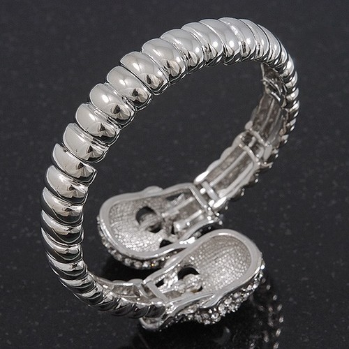 Clear Diamante 'Double Skull' Flex Bracelet In Rhodium Plating - Adjustable - Picture 4 of 4