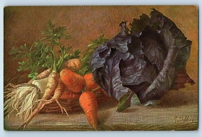 c1910's Still Life Art Carrots And Cabbage M. Billing Signed Artist Postcard
