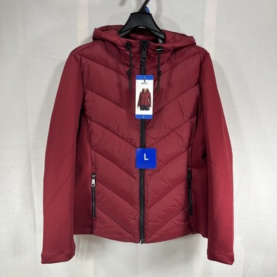 DKNY Mixed Media Puffer Jacket, Scuba Sleeves, Women's Large 12-14, Maroon, NEW