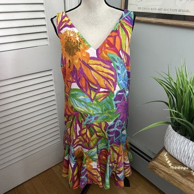LRL Ralph Lauren Dress 10 Colorful Tropical Floral Drop Waist Flare Hem Coastal