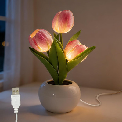 Usb-Betrieben Tulpen Lampe, Kunstblumenlampe in Keramiktopf, Rosa Künstliche Tul
