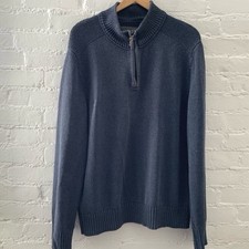Vintage Eddie Bauer Mens Large 1/4 Zip Pullover Sweater Blue Heavyweight Cotton