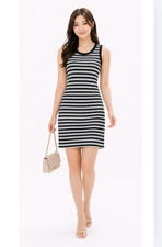Tommy Hilfiger Women Striped Shift Dress Navy White Sleeveless Summer Size L NWT